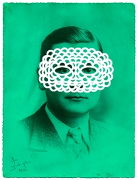 Vintage portrait of a man with a white crochet mask that covers the face.