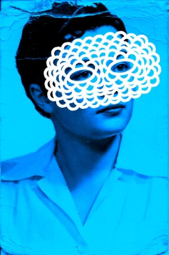 Vintage portrait of a woman with a white crochet mask that covers the face.
