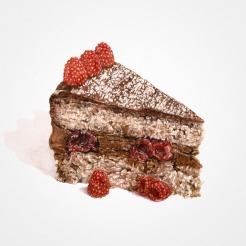 Watercolor illustration of a slice of a chocolate cake with berries at the top.