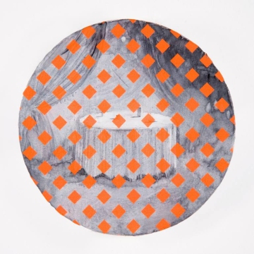 Round painting of a white table layered with orange diamond shapes.