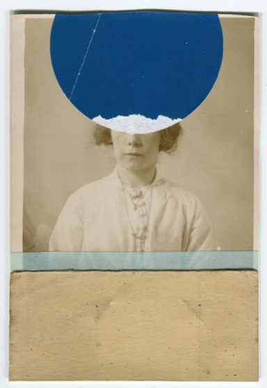 Collage of a vintage photo of a woman portrait decorated with vintage beige paper, light blue washi tape and found blue dotty paper that covers her face.