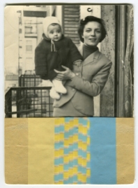 Vintage photo collage of a mother with her baby decorated with paper and yellow, beige and light blue washi tape.
