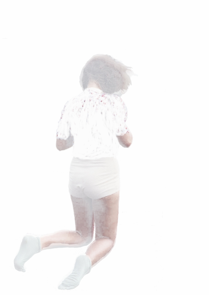 Artwork of a full body woman seen form her back on her knees with a white background.