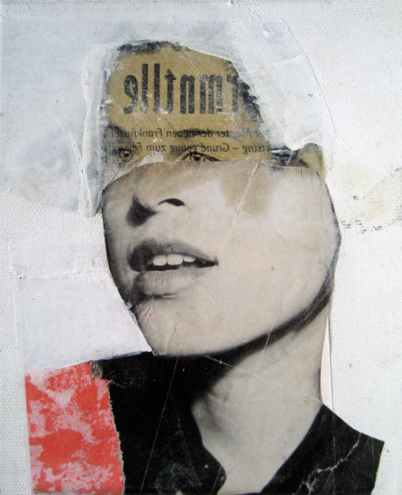 Collage of a defaced woman with a white background.