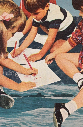 Collage of a group of kids writing on a paper and sitting over the ocean.