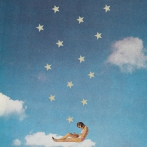 Collage of a woman sat on a cloud with stars over her..