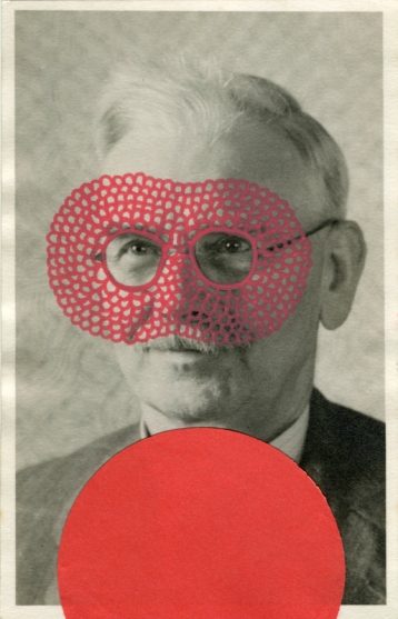 Vintage photo collage of a man portrait decorated with a red found dotty paper and Posca pens.