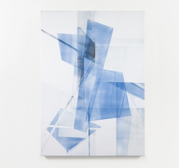 Still life picture of an abstract painting colored with blue, light blue and grey.