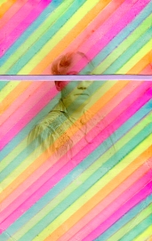 Vintage photo collage of a woman portrait with the eyes covered with a tiny pastel striped paper, background is made with oblique striped lined created with fluorescent highlighters.