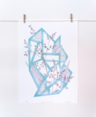 Still life photo of an abstract light blue illustration hang on a wall.