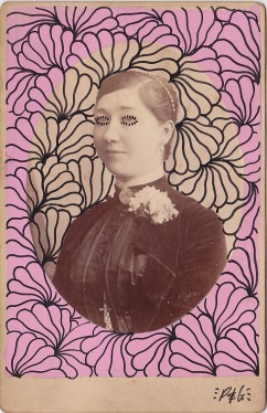 Vintage photo of a portrait of a woman decorated with pens.