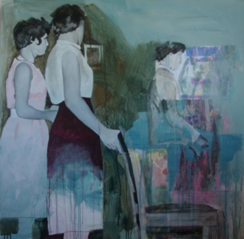 Painting of three women indoor with a chair.