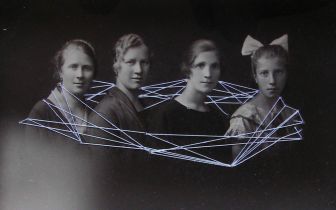 Vintage photo of a group of women stitched with white thread.