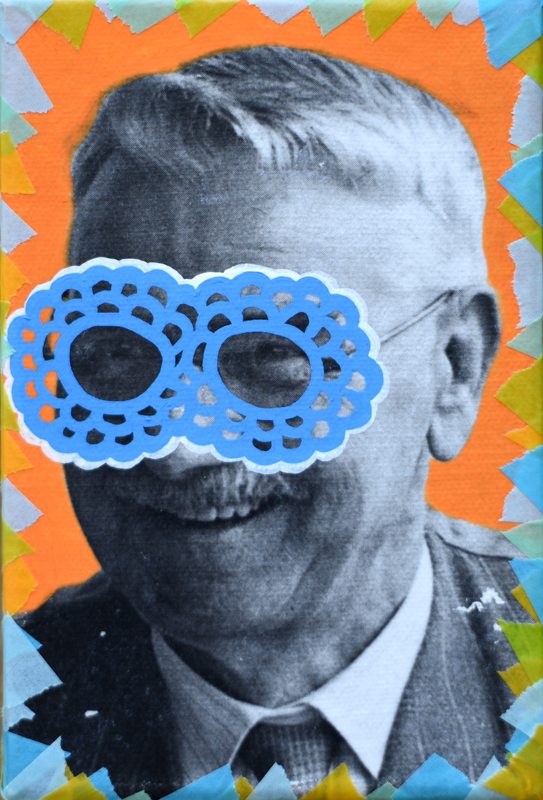 Collage of a masked smiling man portrait decorated with pens and washi tape.