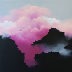 Painting of a group of clouds coloured in pink, black and grey.