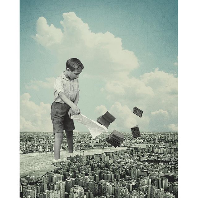 Surrealist collage of a ginat kid playing with books over a city landscape.