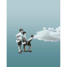 Surrealist collage of a group od three kids looking inside a cloud.
