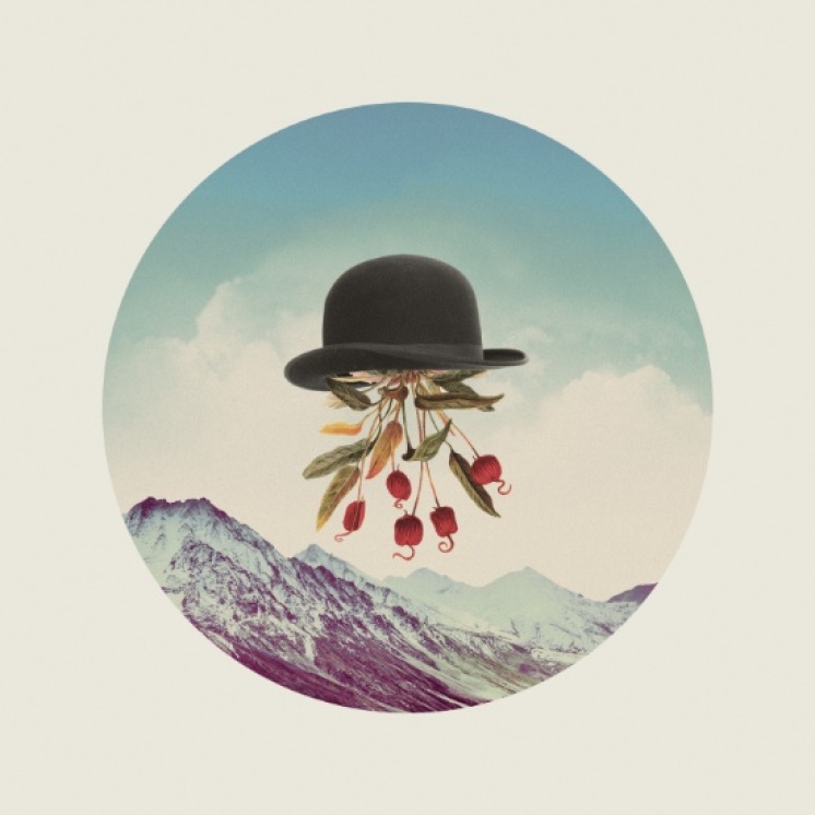 Surrealist collage of a bowler hat floating in the sky with flower coming out it.