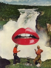 Surreal collage of two men having a coffee and staring at a giant mouth putted over a natural landscape.
