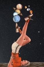 Surreal collage of a woman playing with planets over a universe/cosmic background.