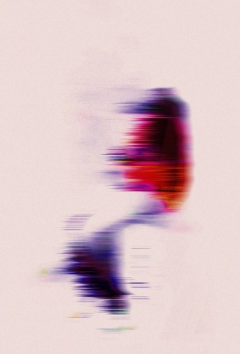 Abstract photo manipulation of a body using purple and red colours on a neutral background.