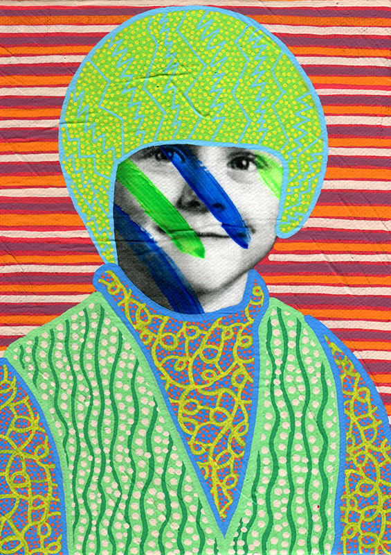 Collage of a child portrait decorated with green and blue colors, with a striped background.