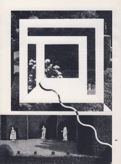 Collages of a couple of black and white landscape photos decorated with white geometric forms.