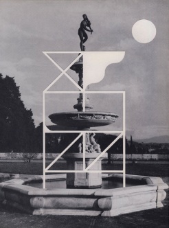 Collage of a black and white photo of a fountain decorated with white geometric forms.