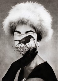 Headless vintage fashion female portrait with a bird that covers the face.