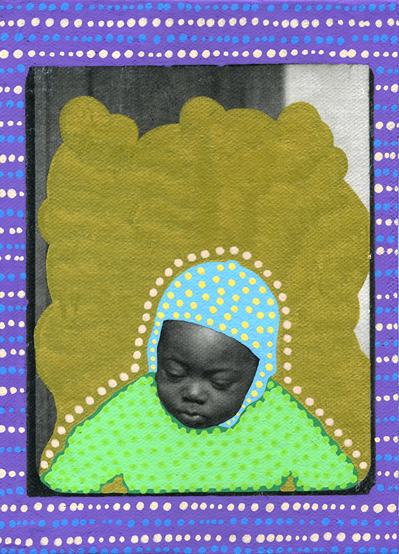 Photo transfer on canvas of a vintage photo booth portrait of a baby looking down his feet, decorated with coloured pens.