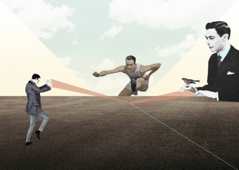 Digital collage of a group of men. A man is an athlete jumping, the other two are staring at him.
