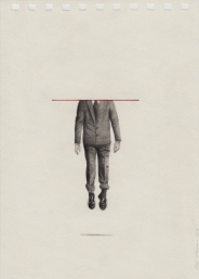 Pencil drawing on paper of a headless male body floating in the air.