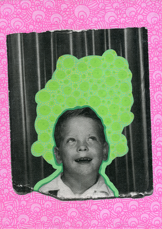 Photo transfer on canvas of a vintage photo booth portrait of a kid looking up, decorated with coloured pens.