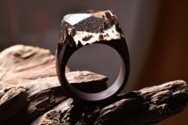 Still life photo of a ring with a snowy tiny landscape inside.