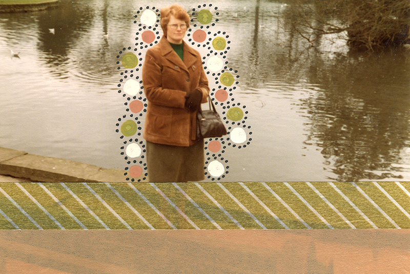 collage over a vintage photo of a woman outdoors decorated with pens and golden washi tape.