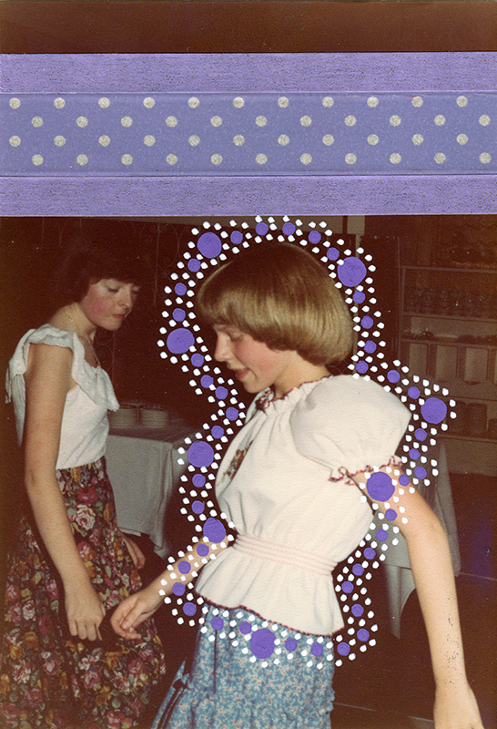 Collage over a vintage photo of two young girls dancing, decorated with dotty white and purple pens and lilac washi tape.