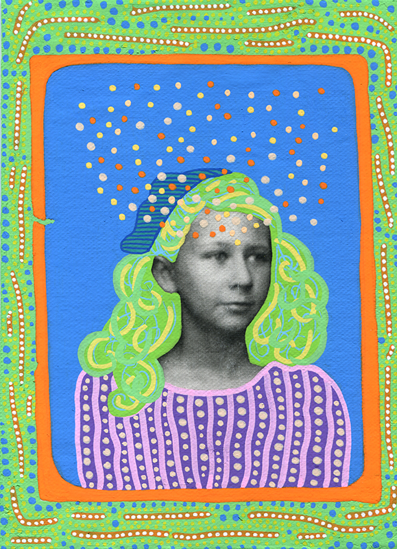 Photo transfer on canvas of a vintage photo booth portrait of a young girl, decorated with coloured pens.