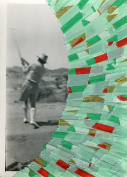 Collage created over a vintage photo about a woman playing golf decorated with green, red and gold washi tape.