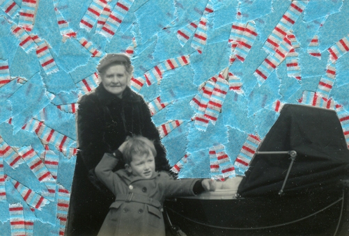 Collage created over a vintage photo decorated with light blue and striped washi tape.