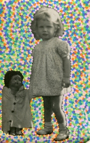 Collage of a baby girl with a big doll aside surrounded by tiny coloured dots created with posca pens.