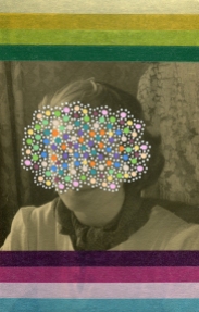 Collage of a woman portrait with the face covered with little coloured dots created with posca pens. The photo is also decorated with striped and coloured washi tape on the top and below the woman face.
