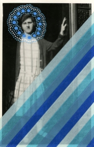 Collage of a woman portrait that is showing herself through a door. The photo is decorated with striped blue and light blue washi tape and dots made with posca pens that are around the face of the subject.