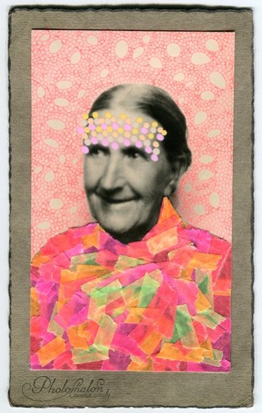 Collage over a vintage woman portrait decorated with fluorescent washi tape and pink and yellow pens.