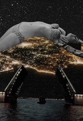 Collage of a woman in bikini lying over a light city night landscape.