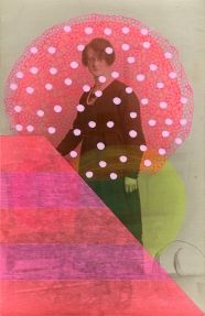 Collage realised over a vintage woman portrait and decorated using stripes of fluorescent washi tape and pink pen decorations.