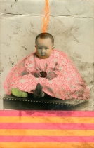 Collage created over a vintage baby photo, decorated below with stripes of fluorescent orange and red washi tape. The portrait was manipulated handmade using fluorescent pens.