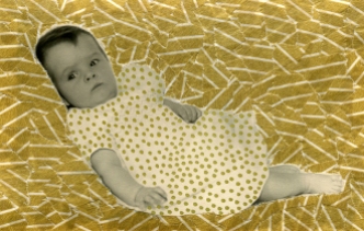 Collage created on vintage baby portrait, decorated using golden washi tape and pens.