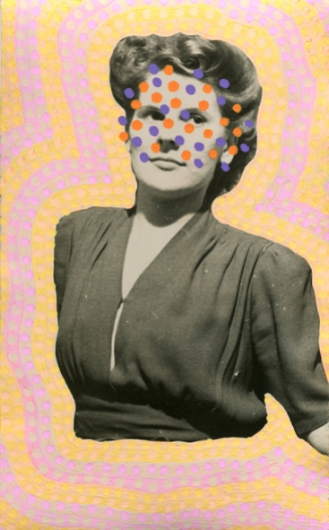 Collage created over a vintage young woman portrait. The subject is surrounded by yellow and pink pastel colours and her face is partially covered with orange and purple dots created with Posca pens.