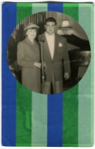 Collage done over a vintage photo of two people smiling at the camera. The portrait was decorated with stripes of green and blue washi tape.