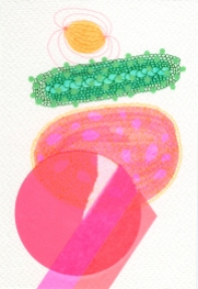 Abstract collage of organic and geometric forms realised with pink paper and fluorescent pink and green highlighters.